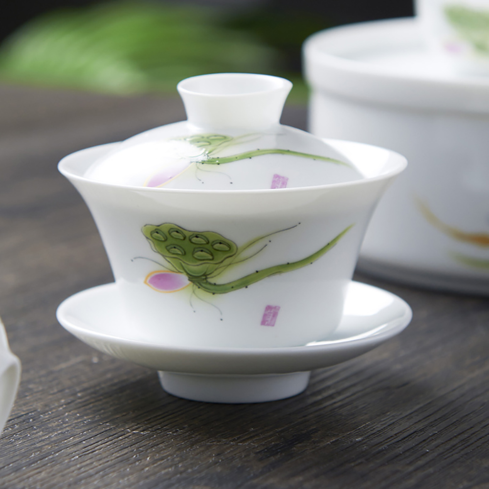 Matcha Bowl Chawan - Hand Drawn White China Gaiwan Persimmon